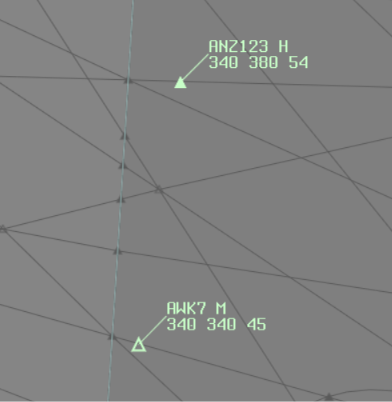 Screenshot of an ADS-C track on the ASD, next to the same track after extrapolation. Show the ADSC symbol and the ADSCExtrapolated symbol.